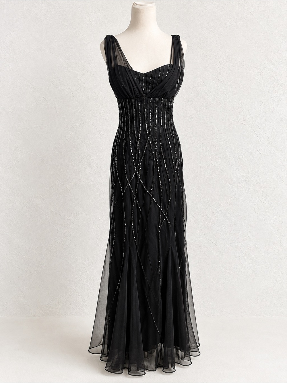 Vintage Black Beaded Mesh Maxi Dress Evening Gown 90s Y2K Old Hollywood 6